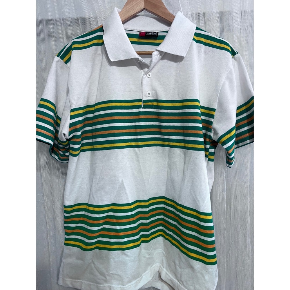 MBN Mens Striped Polo‎ Shirt White Green Yellow  Short Sleeve Vintage Size M